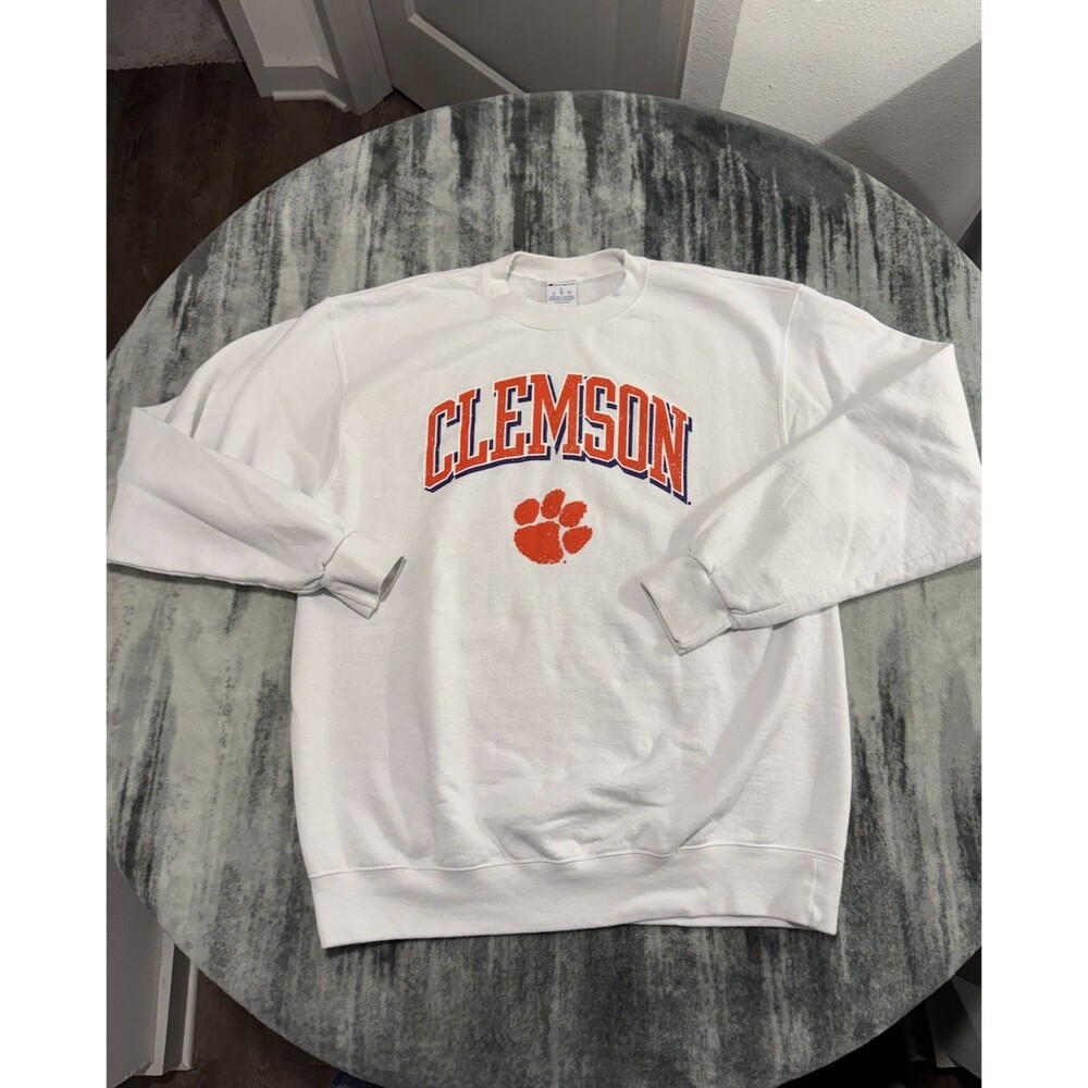 Clemson Tigers Sweatshirt Men Large White Champion Pullover Crewneck NCAA M